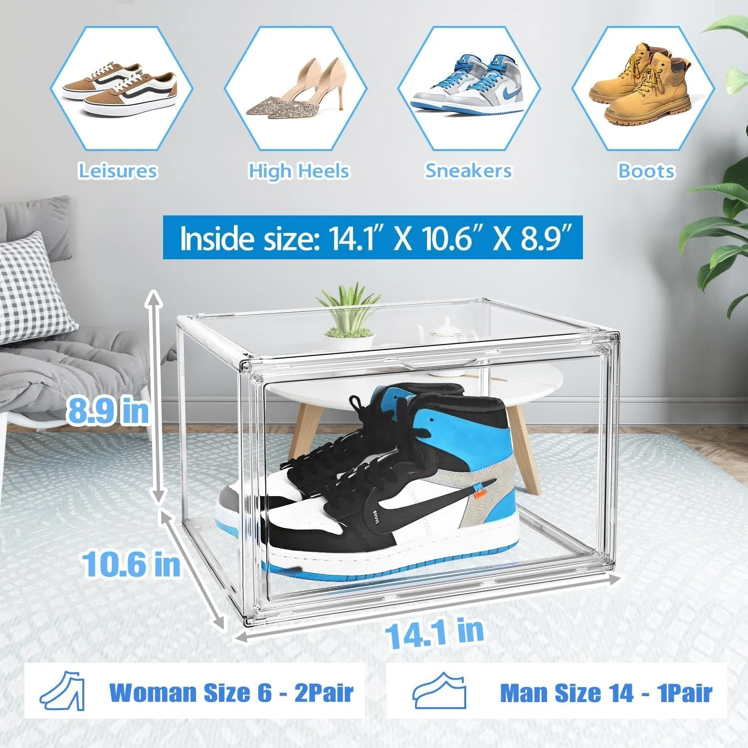 10 Pcs Acrylic Sneaker Shoe Display Case Transparent Shoe Box Storage Bins Clear Plastic Stackable Boot Handbag Organizer Containers with Lids, 1Pack Size 13