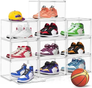 10 Pcs Acrylic Sneaker Shoe Display Case Transparent Shoe Box Storage Bins Clear Plastic Stackable Boot Handbag Organizer Containers with Lids, 1Pack Size 13