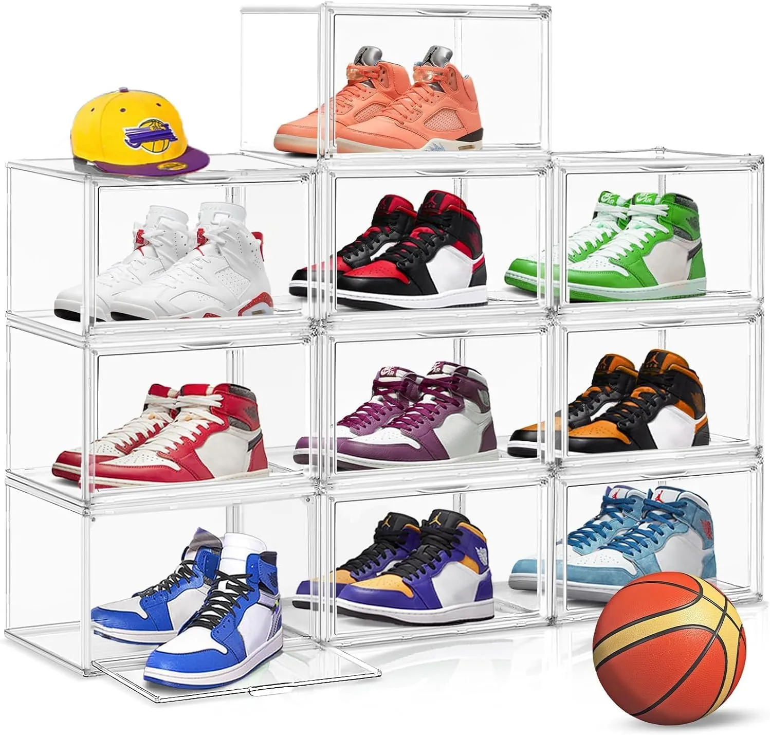 10 Pcs Acrylic Sneaker Shoe Display Case Transparent Shoe Box Storage Bins Clear Plastic Stackable Boot Handbag Organizer Containers with Lids, 1Pack Size 13