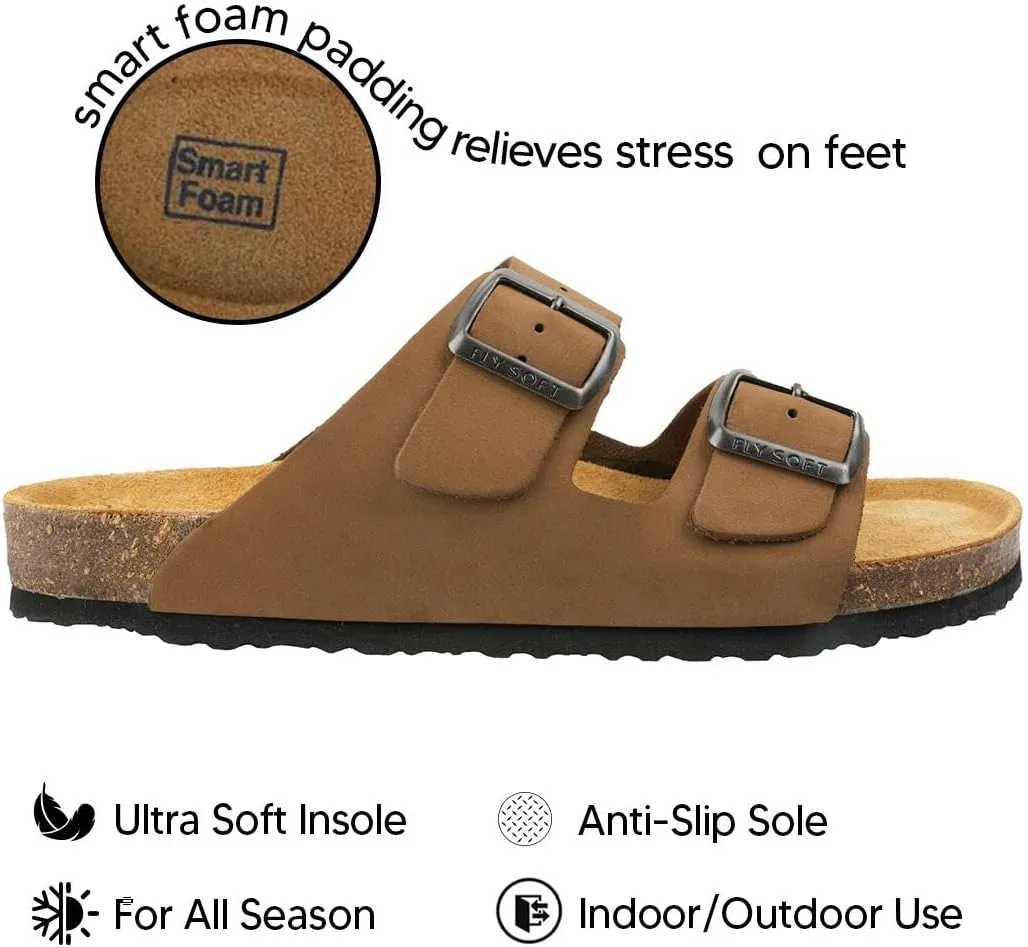 100% Genuine Leather Men's Sandals - Comfortable Cushioned Smart Foam Footbed, Slip-On Slides for Casual Summer Wear, Adjustable Fit, Durable Non-Slip Sole