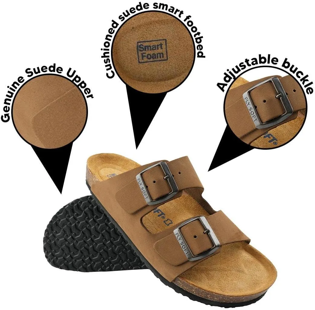 100% Genuine Leather Men's Sandals - Comfortable Cushioned Smart Foam Footbed, Slip-On Slides for Casual Summer Wear, Adjustable Fit, Durable Non-Slip Sole