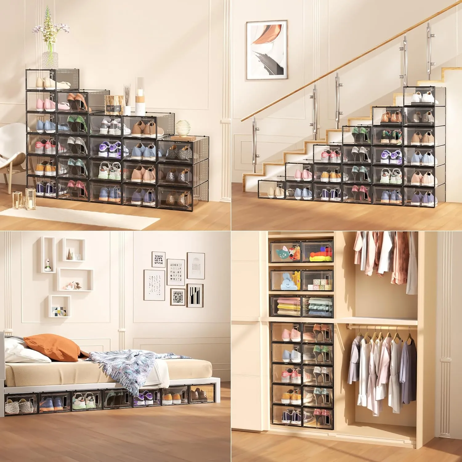 12 Pack Large Shoe Organizer Storage Boxes for Closet, Modular Space Saving Shoe Boxes Clear Plastic Stackable Sneaker Containers Display Case with Lids, Black