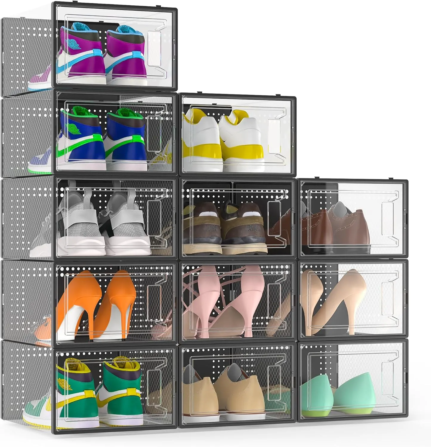 12 Pack Large Shoe Organizer Storage Boxes for Closet, Modular Space Saving Shoe Boxes Clear Plastic Stackable Sneaker Containers Display Case with Lids, Black
