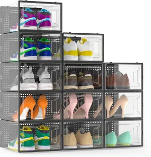 12 Pack Large Shoe Organizer Storage Boxes for Closet, Modular Space Saving Shoe Boxes Clear Plastic Stackable Sneaker Containers Display Case with Lids, Black