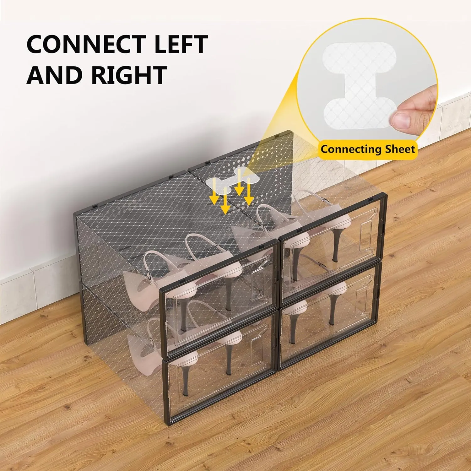 12 Pack Large Shoe Organizer Storage Boxes for Closet, Modular Space Saving Shoe Boxes Clear Plastic Stackable Sneaker Containers Display Case with Lids, Black