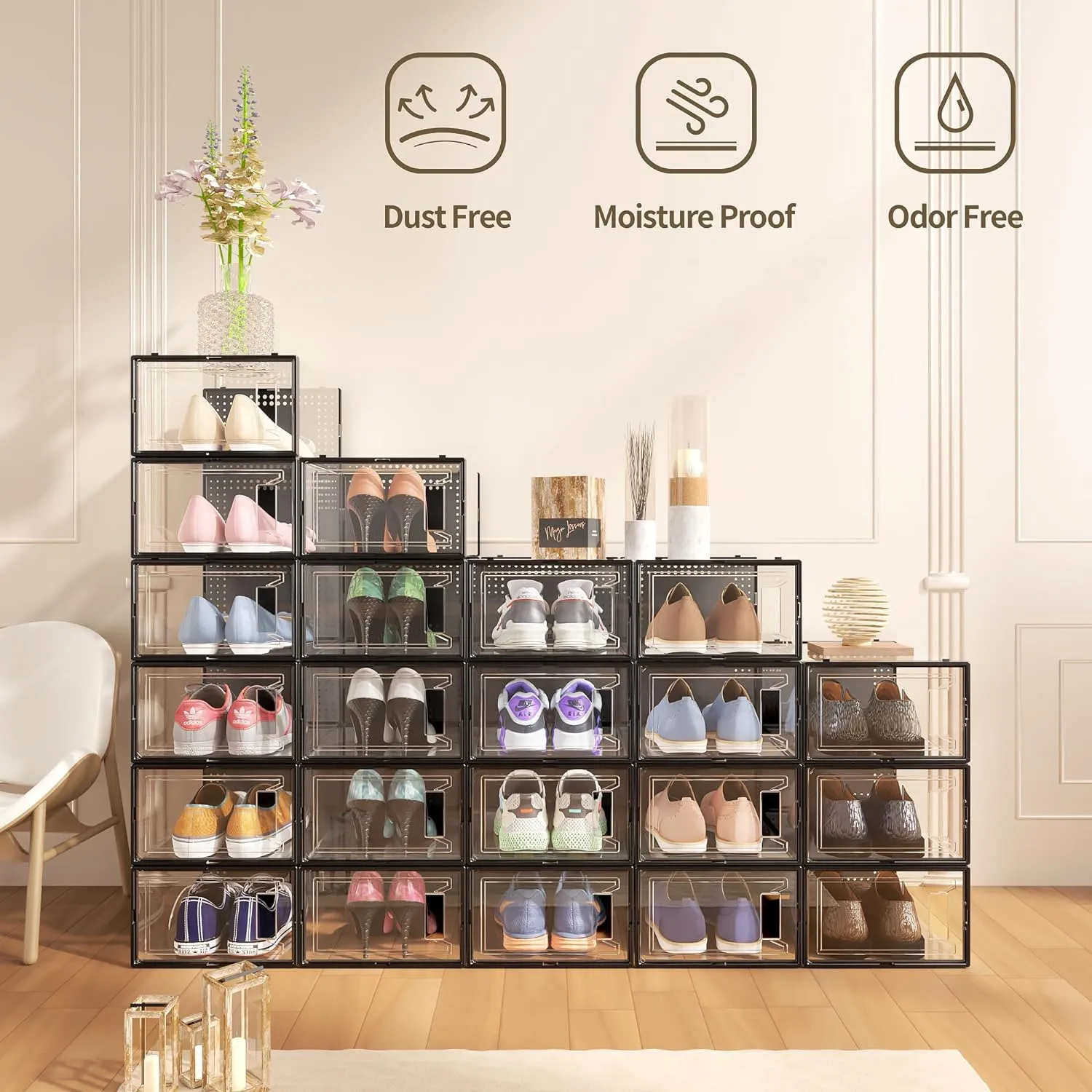 12 Pack Large Shoe Organizer Storage Boxes for Closet, Modular Space Saving Shoe Boxes Clear Plastic Stackable Sneaker Containers Display Case with Lids, Black