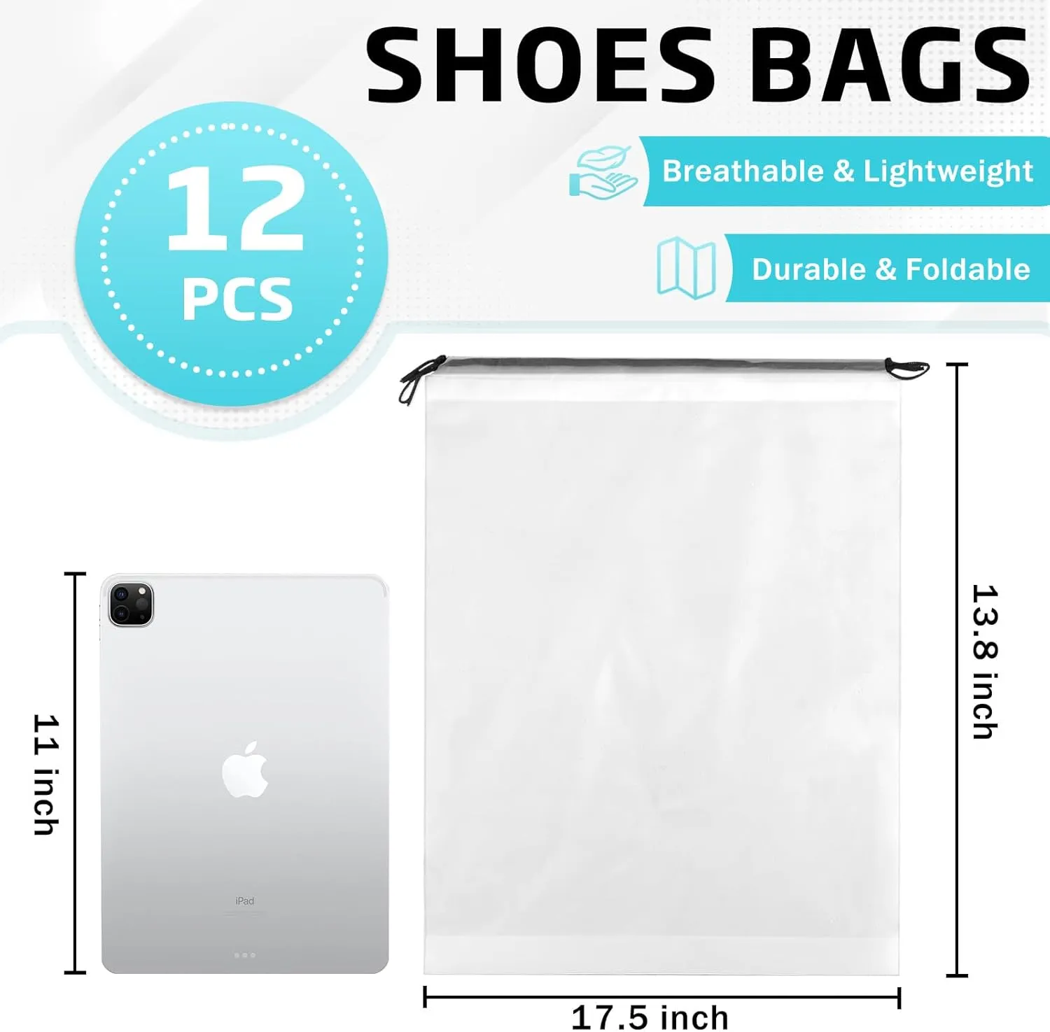 12 Pack Transparent Shoe Bags for Travel Large Clear Shoe Organizers Pouch with Rope Portable Drawstring Storage Bag for Men & Women
