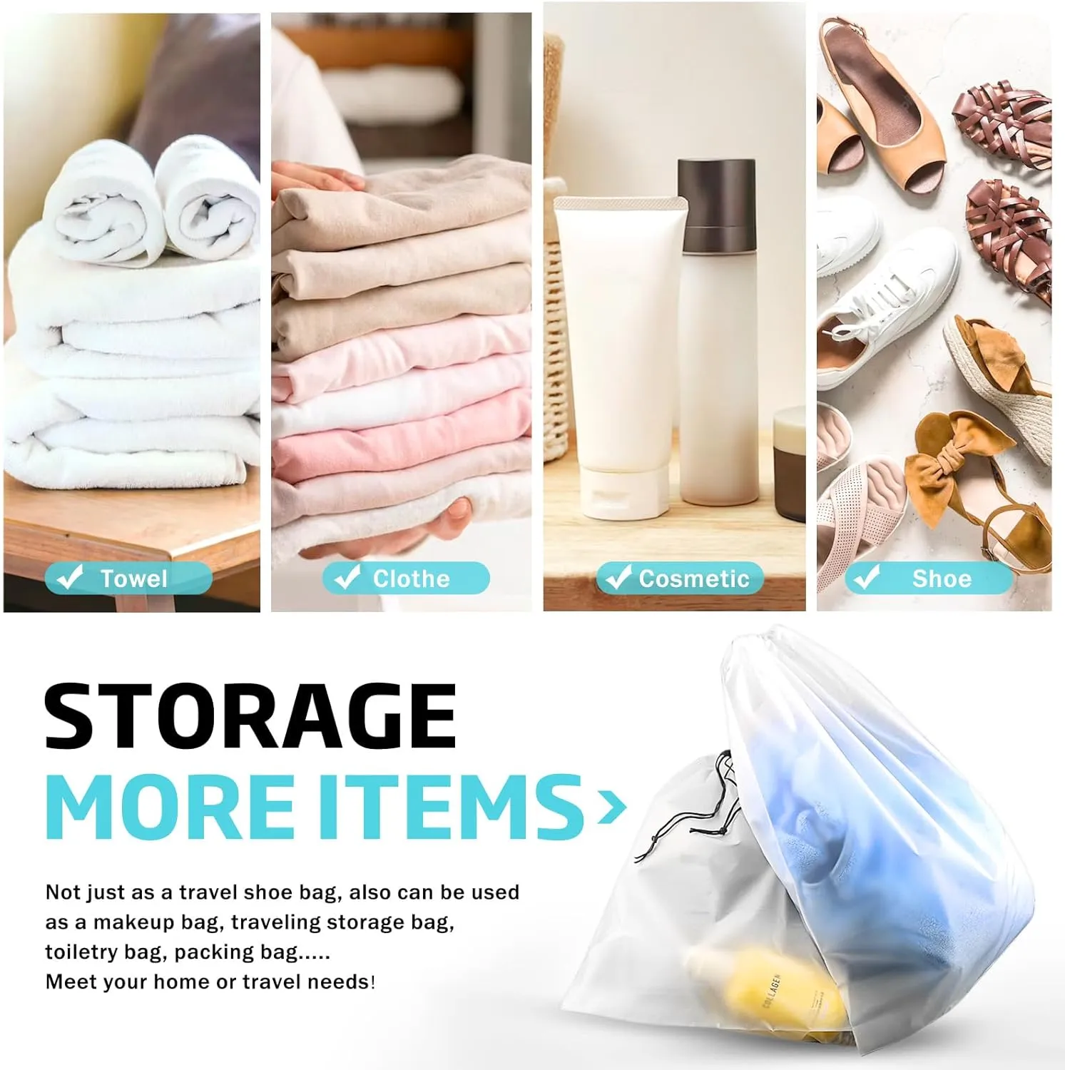 12 Pack Transparent Shoe Bags for Travel Large Clear Shoe Organizers Pouch with Rope Portable Drawstring Storage Bag for Men & Women