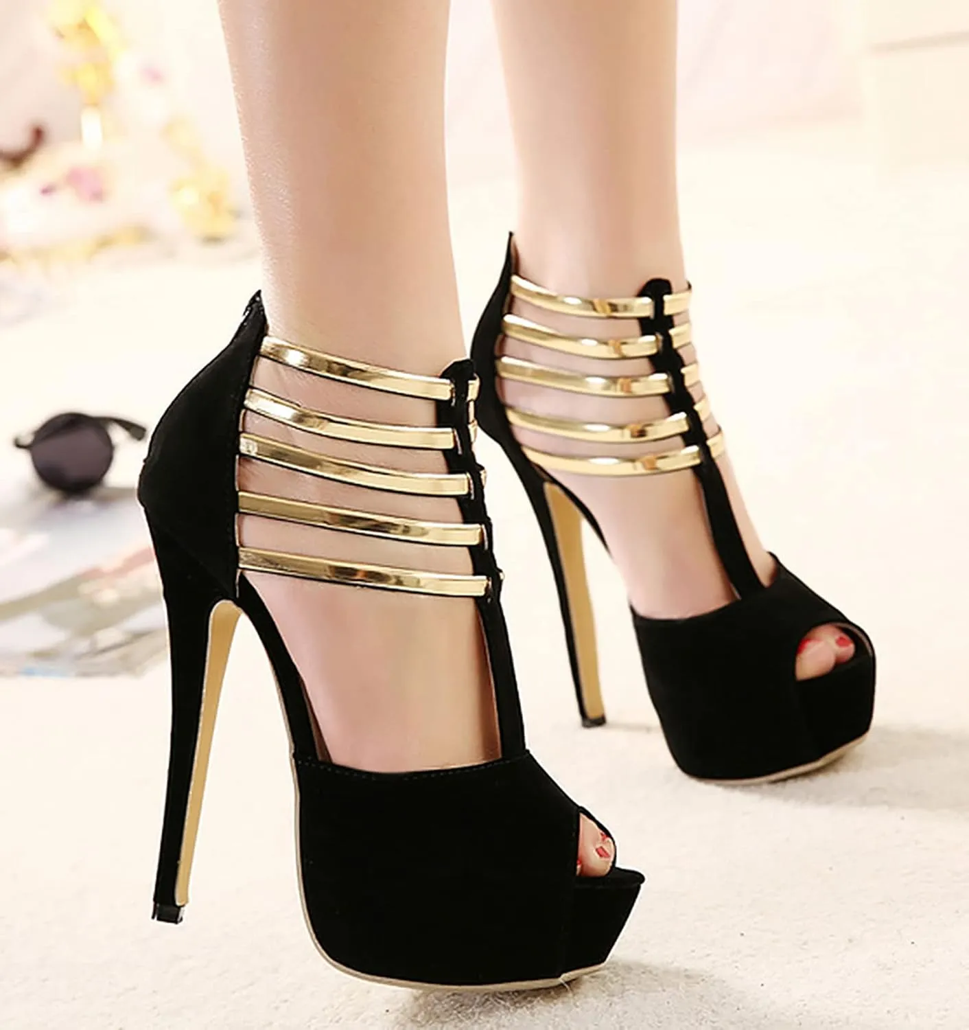 14CM/5.51IN High Heels Women Thick High Heels Nightclub Sexy Fashion Suede Pumps Open Toe High Heel Shoes Size 35-45