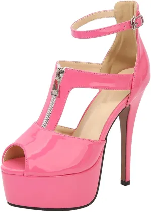 14CM/5.51IN Women Solid Color Temperament T-Strap Open-Toe Platform Buckle Strappy Sandals Court Shoes Ladies Sexy Pole Dancer Stripper Heel Stiletto Party Sandals