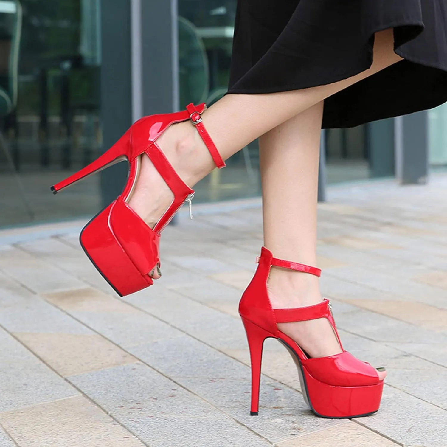 14CM/5.51IN Women Solid Color Temperament T-Strap Open-Toe Platform Buckle Strappy Sandals Court Shoes Ladies Sexy Pole Dancer Stripper Heel Stiletto Party Sandals