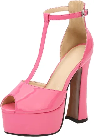14CM/5.51IN Women Solid Color Temperament T-Strap Open-Toe Platform Buckle Strappy Sandals Court Shoes Ladies Sexy Pole Dancer Stripper Heel Stiletto Party Sandals