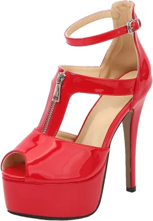 14CM/5.51IN Women Solid Color Temperament T-Strap Open-Toe Platform Buckle Strappy Sandals Court Shoes Ladies Sexy Pole Dancer Stripper Heel Stiletto Party Sandals