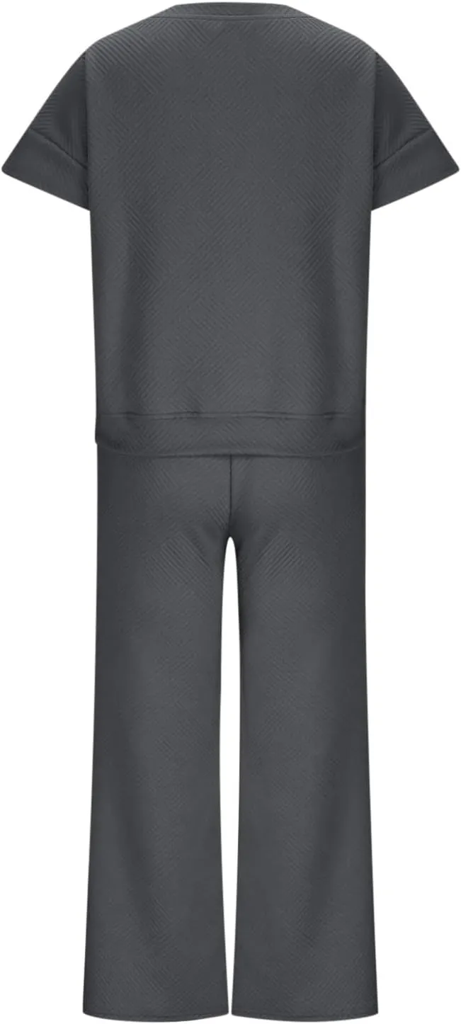 2 Piece Sets For Women Trendy 2024 Summer Loose Pullover Top Wide Leg Pant Tracksuit Set Textured Sweatsuit Outfits