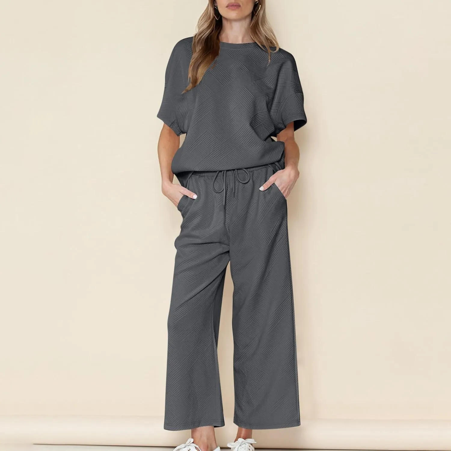 2 Piece Sets For Women Trendy 2024 Summer Loose Pullover Top Wide Leg Pant Tracksuit Set Textured Sweatsuit Outfits