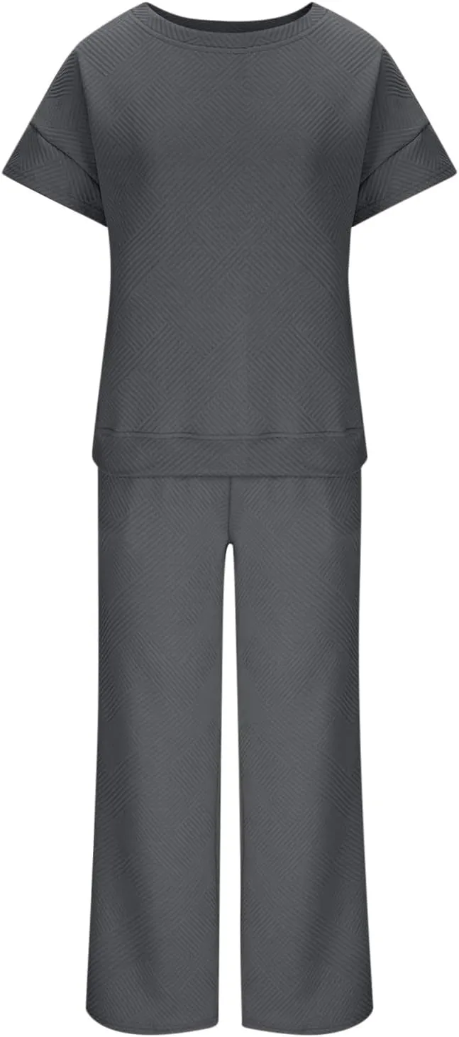 2 Piece Sets For Women Trendy 2024 Summer Loose Pullover Top Wide Leg Pant Tracksuit Set Textured Sweatsuit Outfits