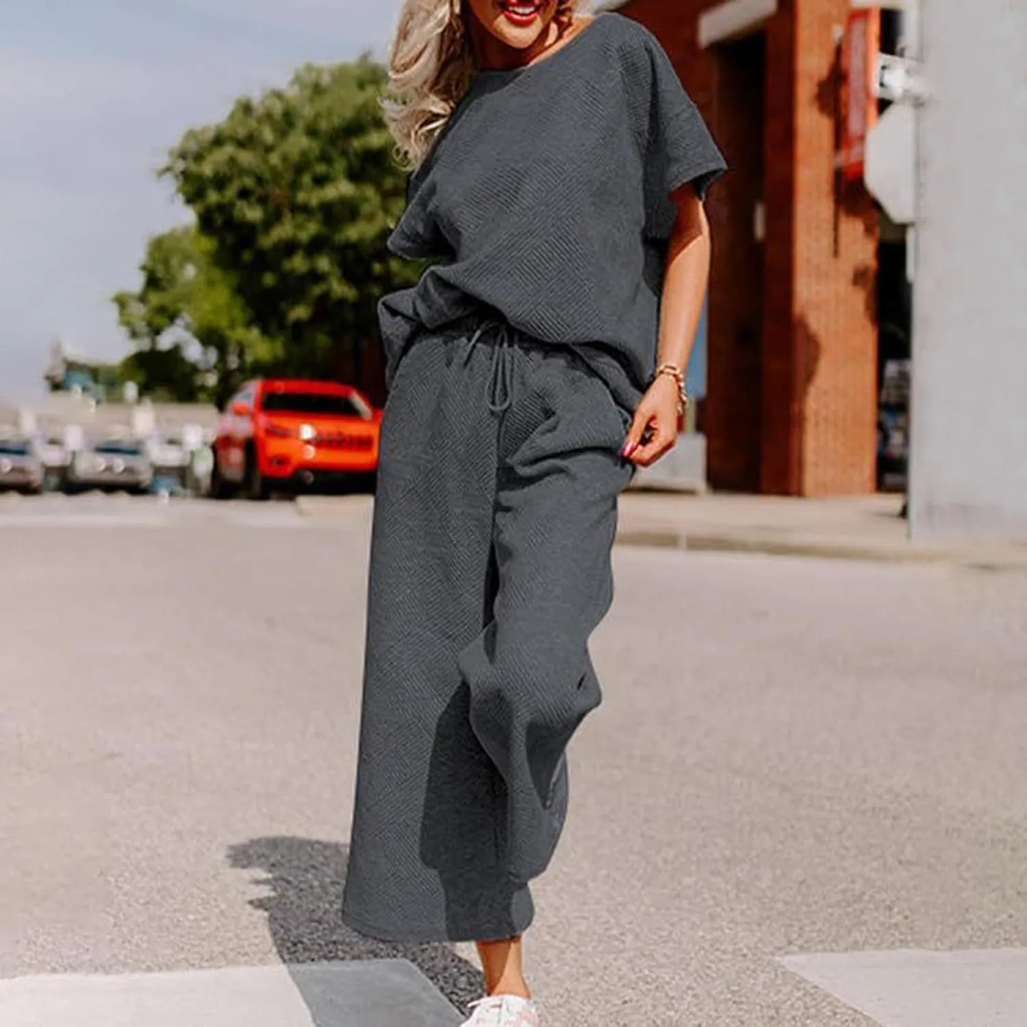 2 Piece Sets For Women Trendy 2024 Summer Loose Pullover Top Wide Leg Pant Tracksuit Set Textured Sweatsuit Outfits