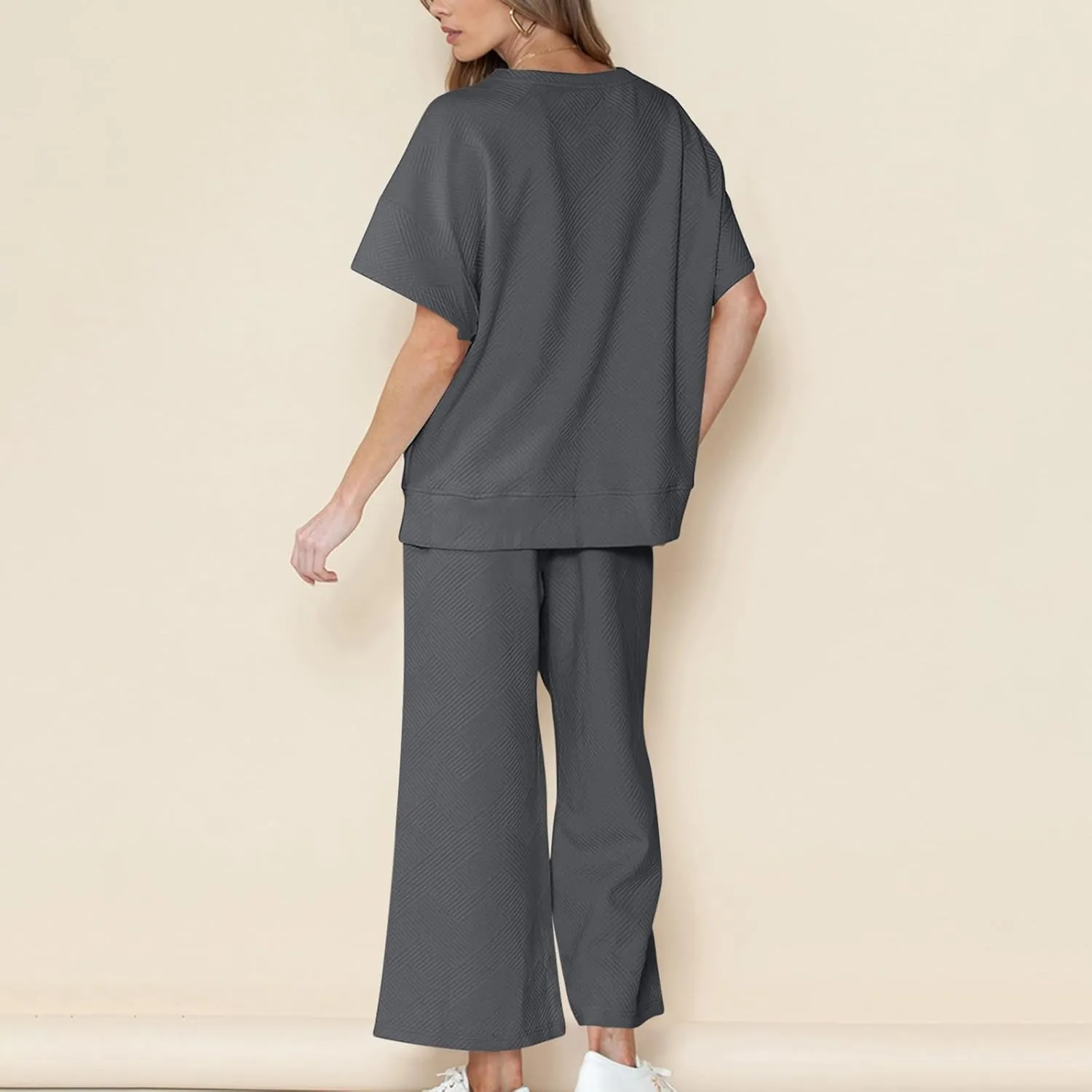 2 Piece Sets For Women Trendy 2024 Summer Loose Pullover Top Wide Leg Pant Tracksuit Set Textured Sweatsuit Outfits