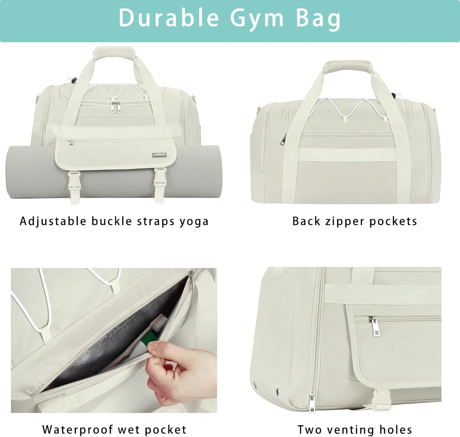 21 Inch Gym Bag for Women and Men with Shoe Compartments, Sports Duffle Bag with Wet Pocket, Travel Tote Bag Weekender Overnight Bag (Beige)