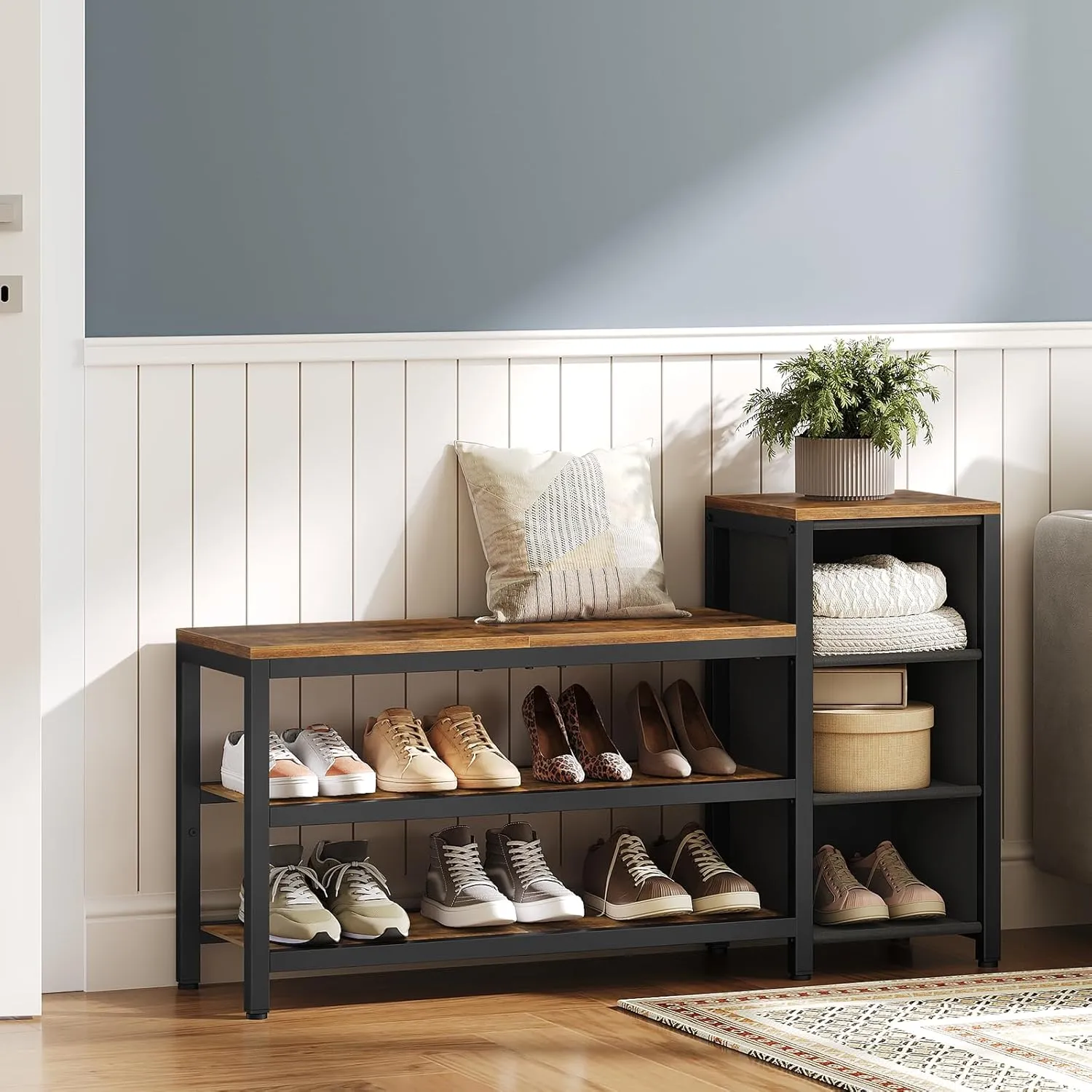 3 Tier Entryway Bench, Shoe Storage Bench, Wooden Shoe Rack with 3 Open Compartments, for Foyer, Hallway, Entryway, Rustic Brown and Black HX03BR