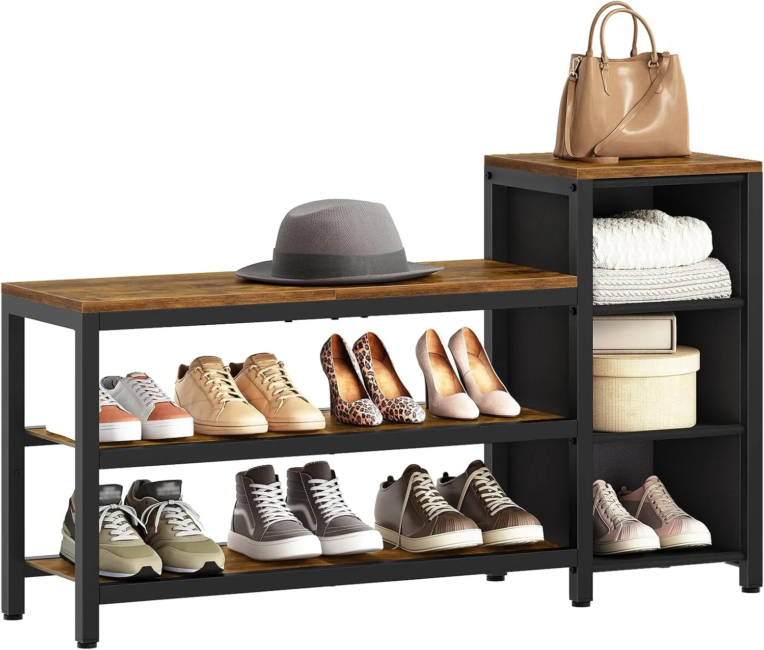 3 Tier Entryway Bench, Shoe Storage Bench, Wooden Shoe Rack with 3 Open Compartments, for Foyer, Hallway, Entryway, Rustic Brown and Black HX03BR