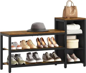 3 Tier Entryway Bench, Shoe Storage Bench, Wooden Shoe Rack with 3 Open Compartments, for Foyer, Hallway, Entryway, Rustic Brown and Black HX03BR