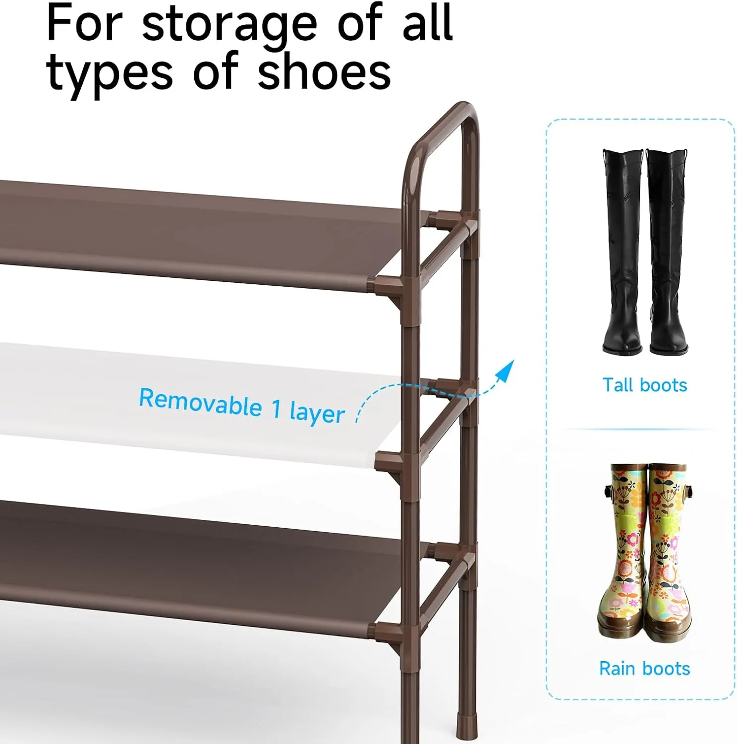 3 Tier Shoe Rack, Shoe Organizer for 18 Pairs of Shoes, Brown Non-Woven Fabric Shoe Storage Shelf for Closet, Entryway, Garage, Corridor, Long Shoe Shelves