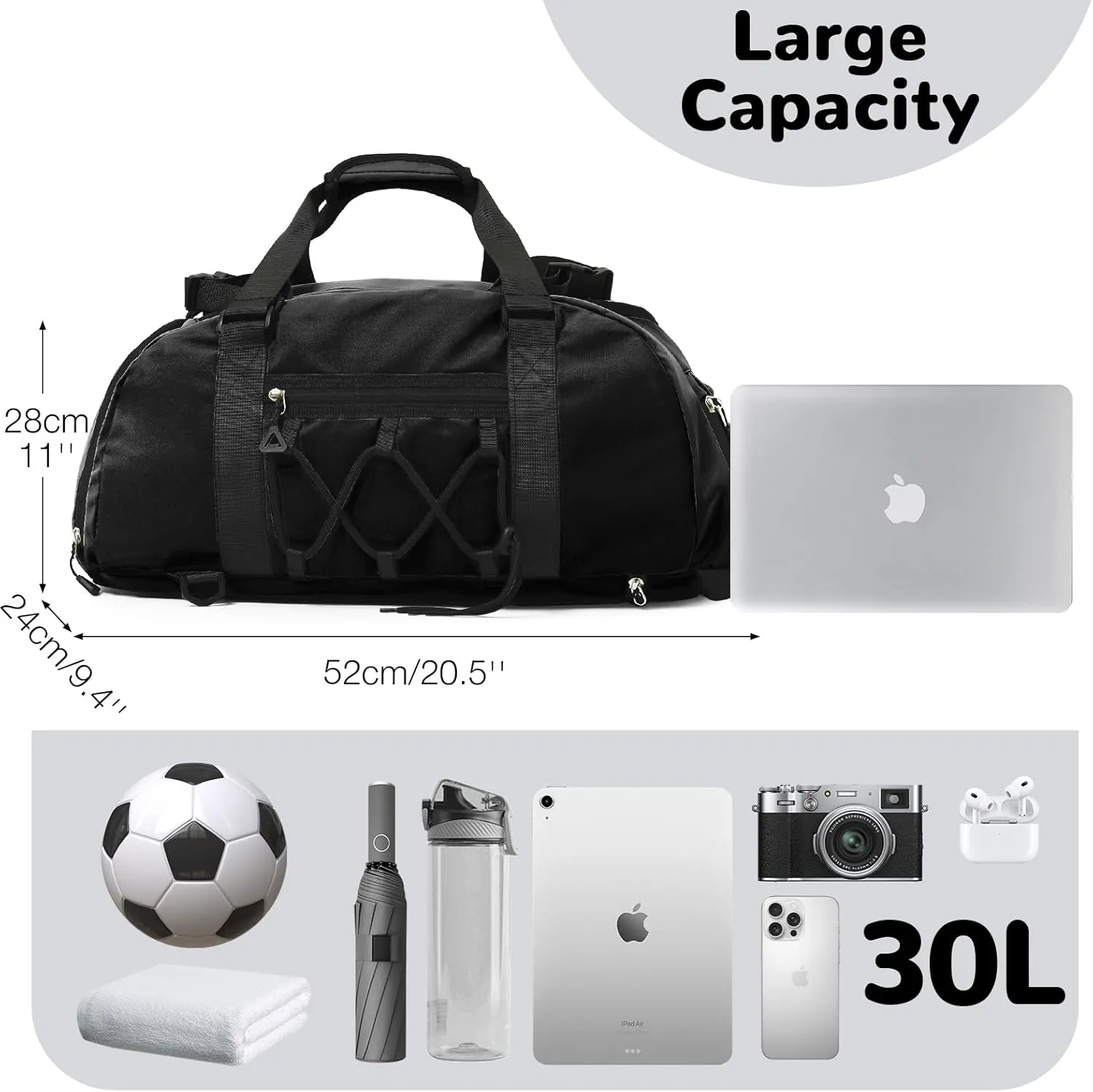 35L Gym Bag for Women & Men, Sports Travel Duffel Bag with Shoe Compartment, Anti-Theft Carry On Weekender Bag for Airplane, Water Resistant Workout Overnight Backpack for Travel Gym, Black