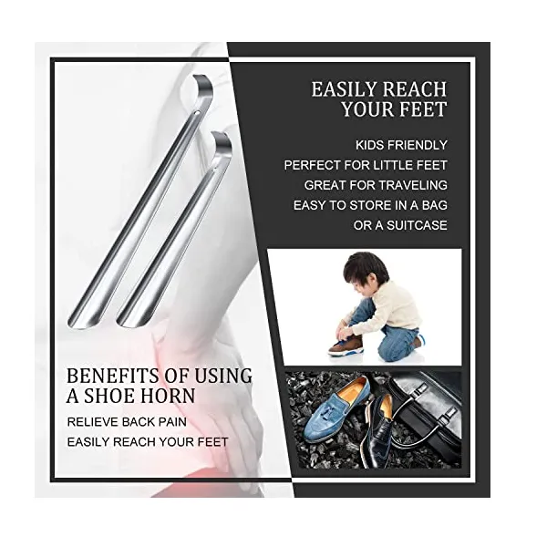 4 Pieces Stainless Steel Shoe Horn Set, 16.5 Inch 12 Inch Long Handle Metal Shoe Horn 7.5 Inch 4 Inch Short Travel