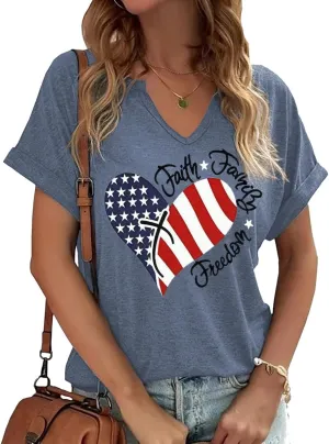 4th of July V Neck Patriotic T-Shirts Women American Flag Print Faith Family Freedom Letter Casual Short Sleeve Tee Tops