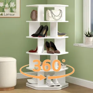 5-Tier Rotating Shoe Rack Tower - Wooden Spinning Shoe Display Lazy Susan, 360 Revolving Shoe Rack Storage, Vertical Handbag Closet Organization, White