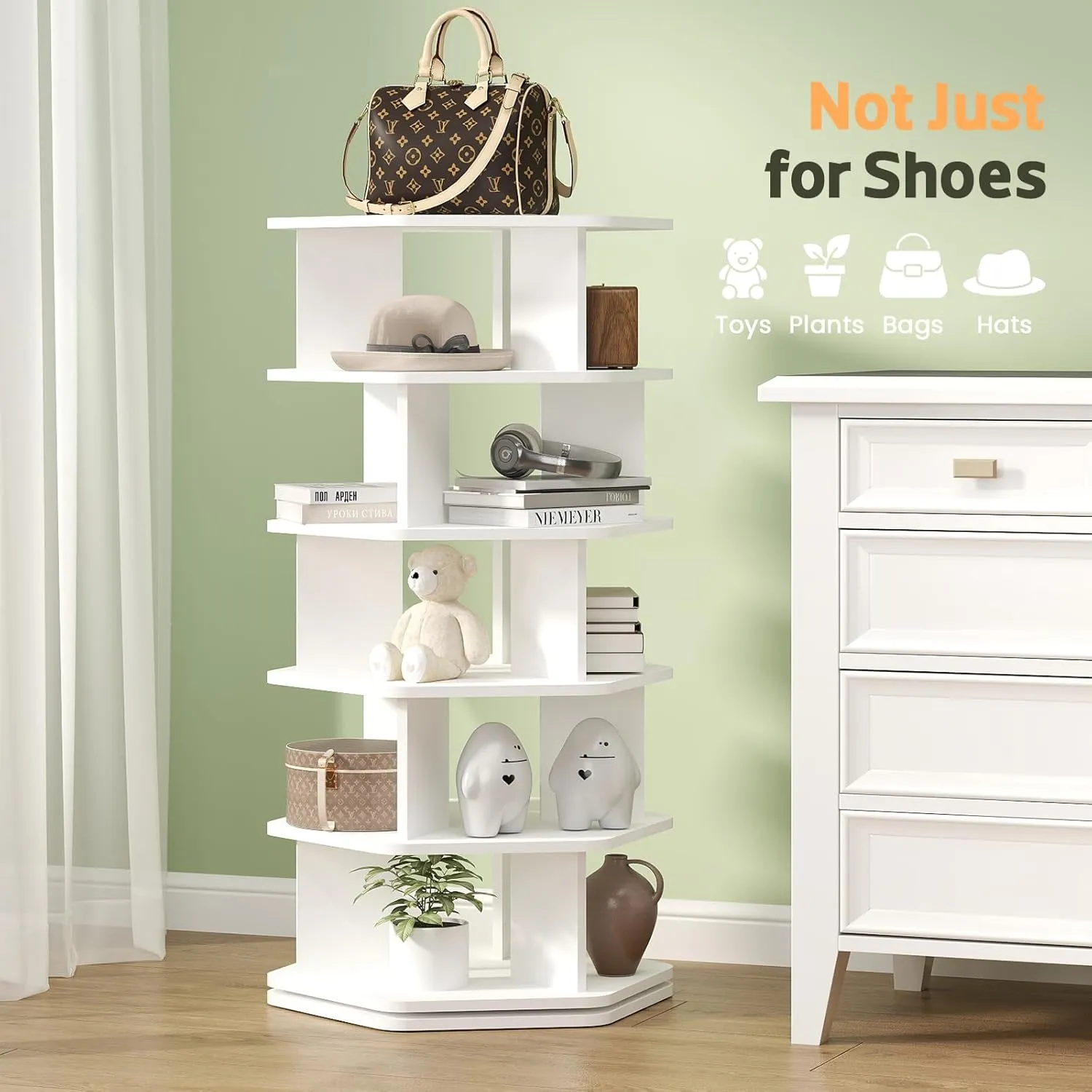 5-Tier Rotating Shoe Rack Tower - Wooden Spinning Shoe Display Lazy Susan, 360 Revolving Shoe Rack Storage, Vertical Handbag Closet Organization, White