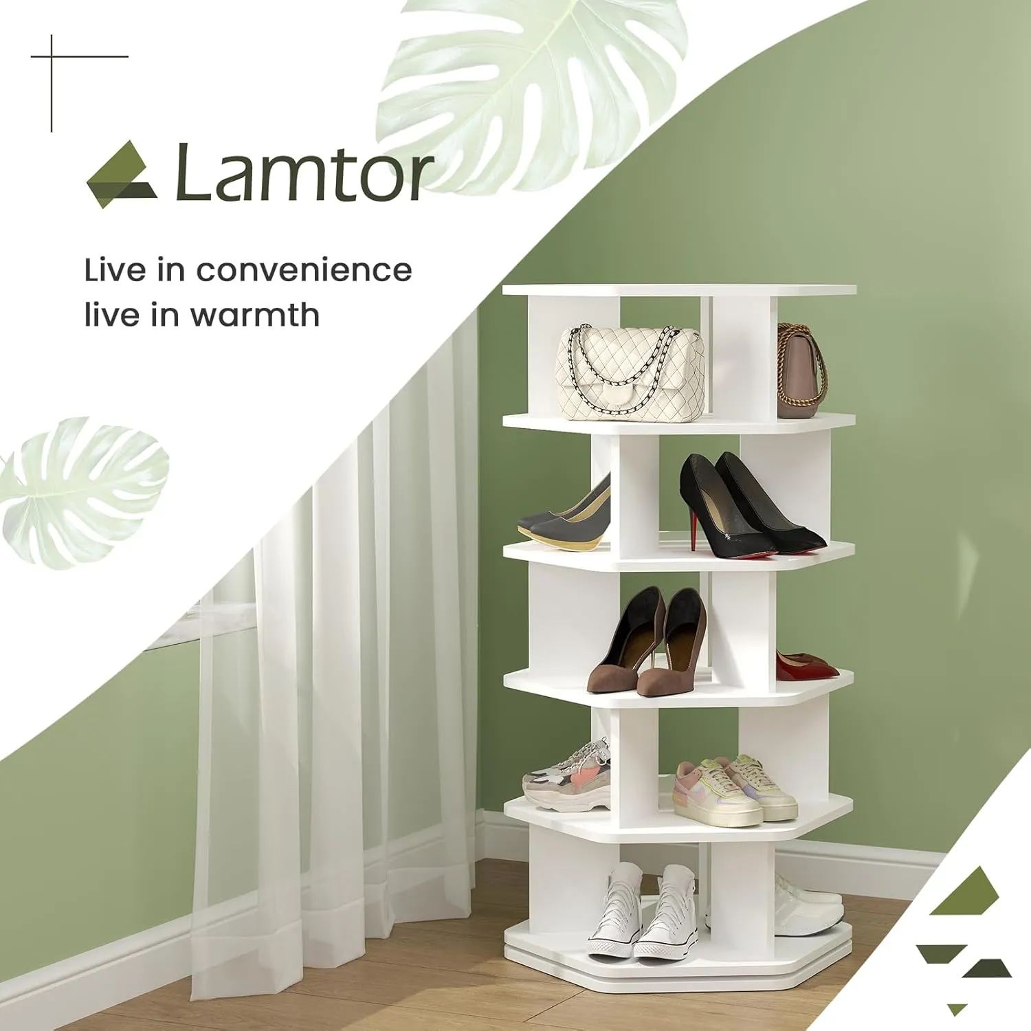 5-Tier Rotating Shoe Rack Tower - Wooden Spinning Shoe Display Lazy Susan, 360 Revolving Shoe Rack Storage, Vertical Handbag Closet Organization, White