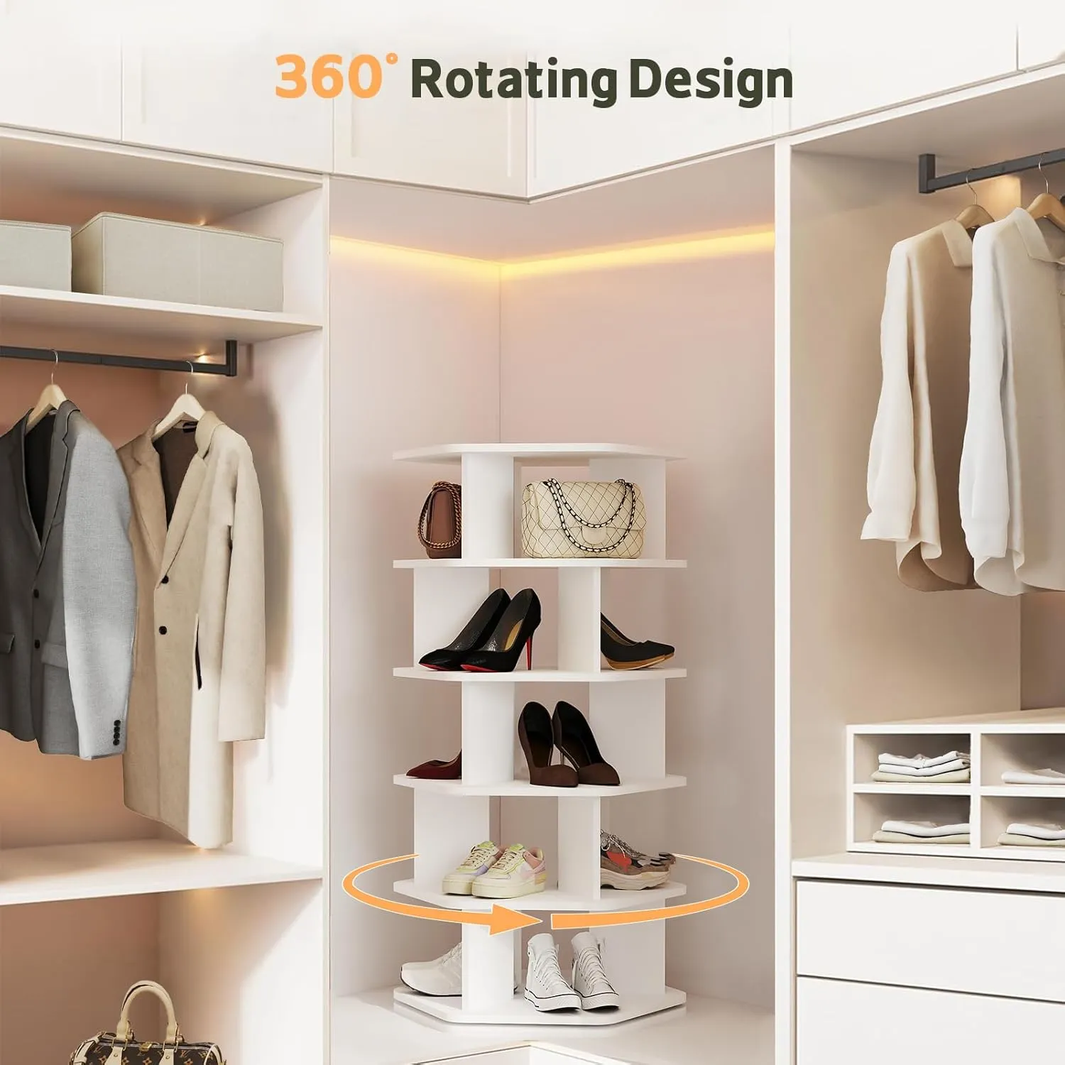 5-Tier Rotating Shoe Rack Tower - Wooden Spinning Shoe Display Lazy Susan, 360 Revolving Shoe Rack Storage, Vertical Handbag Closet Organization, White