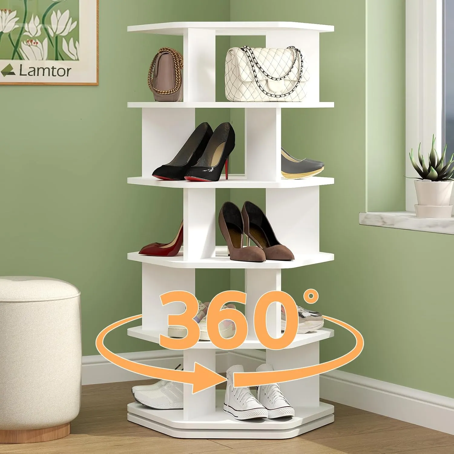 5-Tier Rotating Shoe Rack Tower - Wooden Spinning Shoe Display Lazy Susan, 360 Revolving Shoe Rack Storage, Vertical Handbag Closet Organization, White