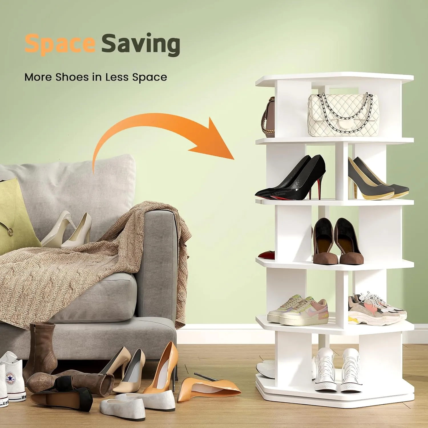 5-Tier Rotating Shoe Rack Tower - Wooden Spinning Shoe Display Lazy Susan, 360 Revolving Shoe Rack Storage, Vertical Handbag Closet Organization, White