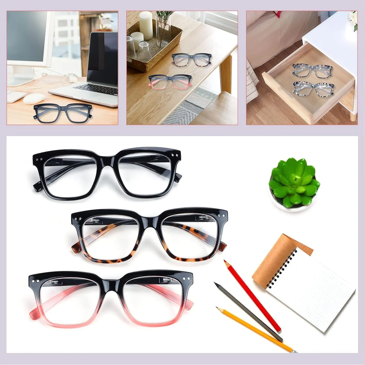 6 Pack Fashion Reading Glasses for Women Men Blue Light Blocking Oversized Square Readers with Spring Hinge