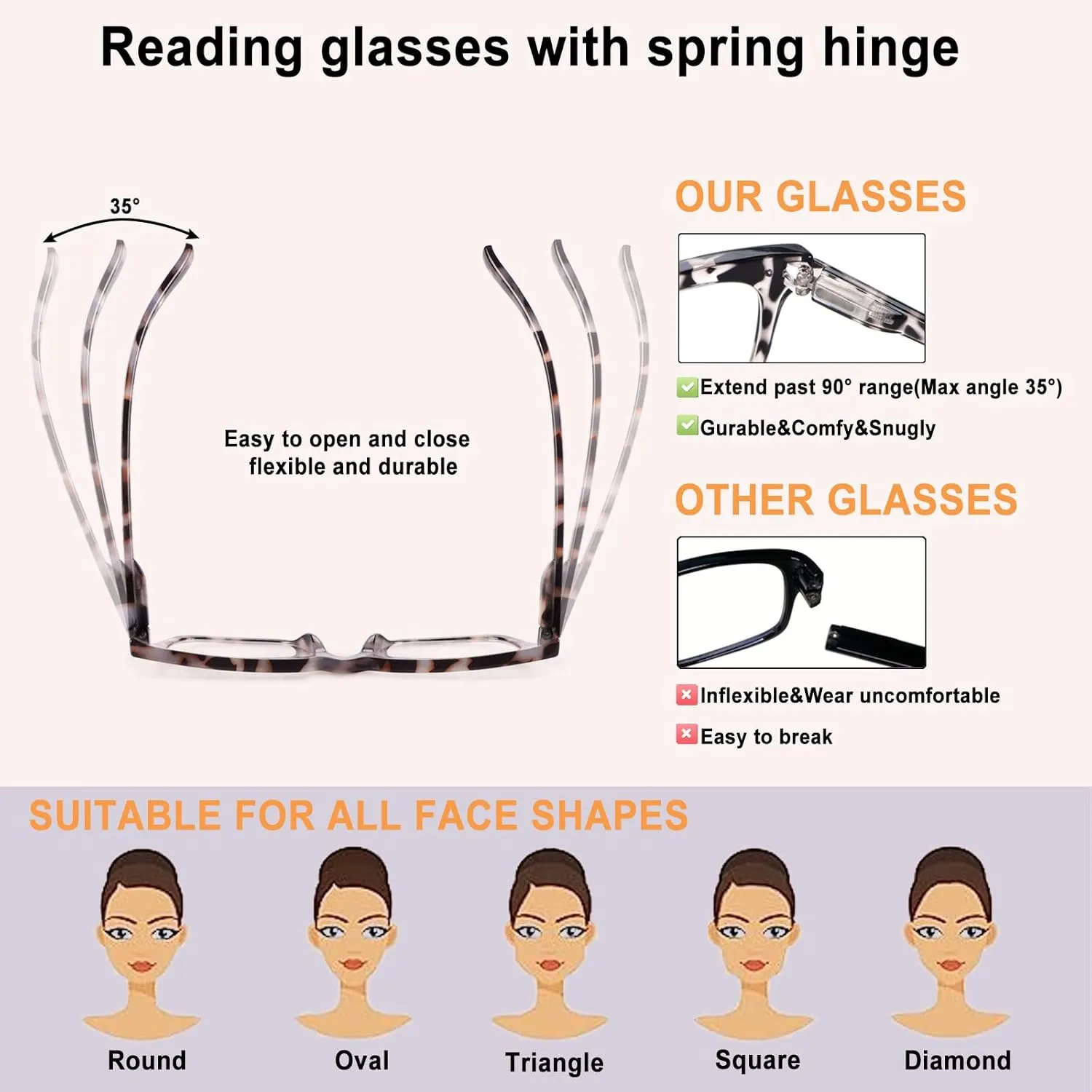 6 Pack Fashion Reading Glasses for Women Men Blue Light Blocking Oversized Square Readers with Spring Hinge