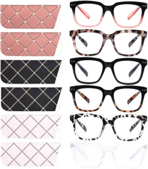 6 Pack Fashion Reading Glasses for Women Men Blue Light Blocking Oversized Square Readers with Spring Hinge