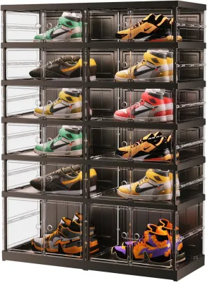 6 Tiers 12-24 Pairs Foldable Shoe Rack for Closet Plastic Stackable Shoe Boxes for Garage Collapsible Shoes Shelf with Doors Storage Organizer Cabinet Quick Assembly,White