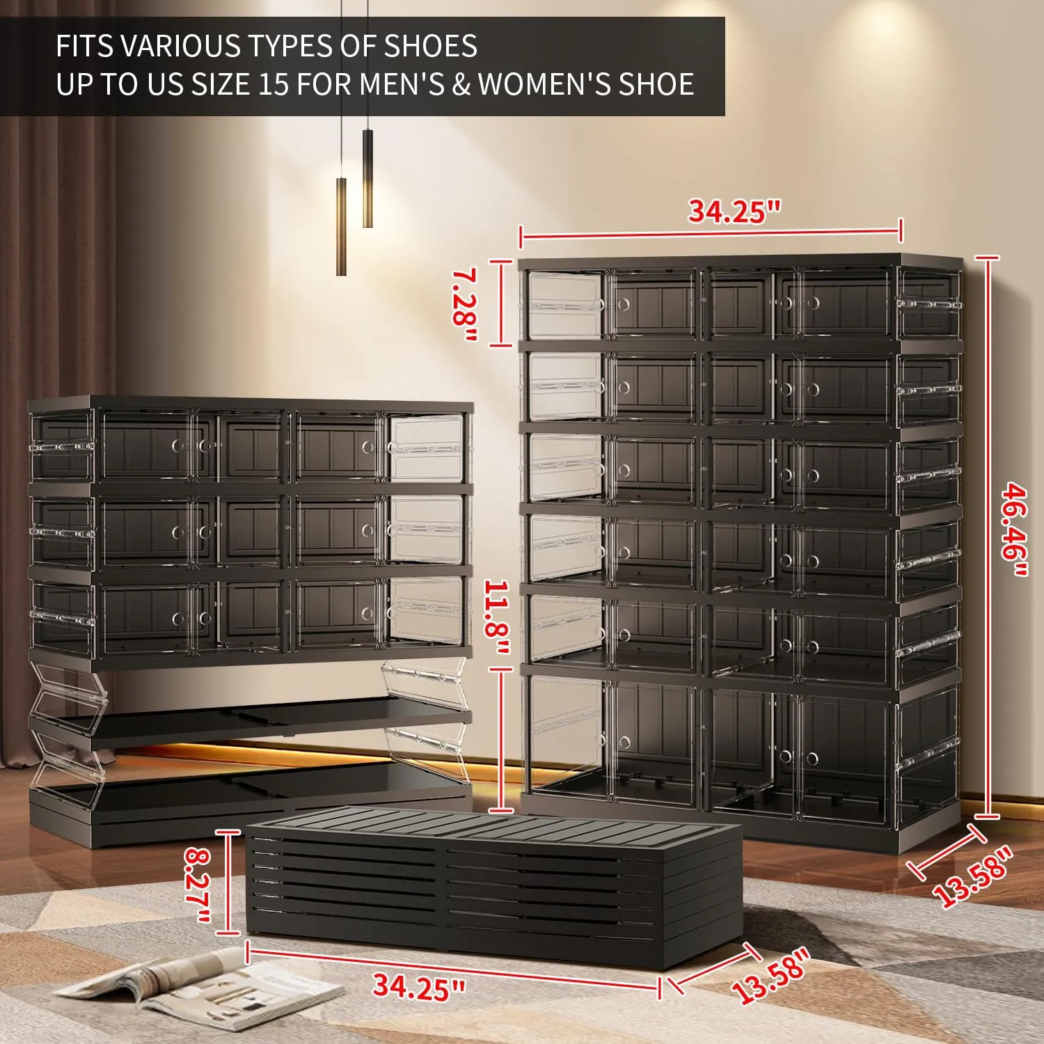 6 Tiers 12-24 Pairs Foldable Shoe Rack for Closet Plastic Stackable Shoe Boxes for Garage Collapsible Shoes Shelf with Doors Storage Organizer Cabinet Quick Assembly,White