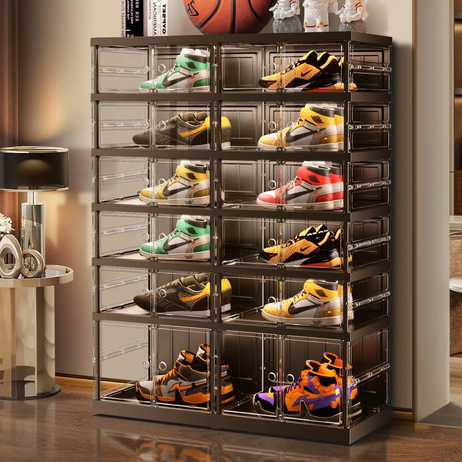 6 Tiers 12-24 Pairs Foldable Shoe Rack for Closet Plastic Stackable Shoe Boxes for Garage Collapsible Shoes Shelf with Doors Storage Organizer Cabinet Quick Assembly,White