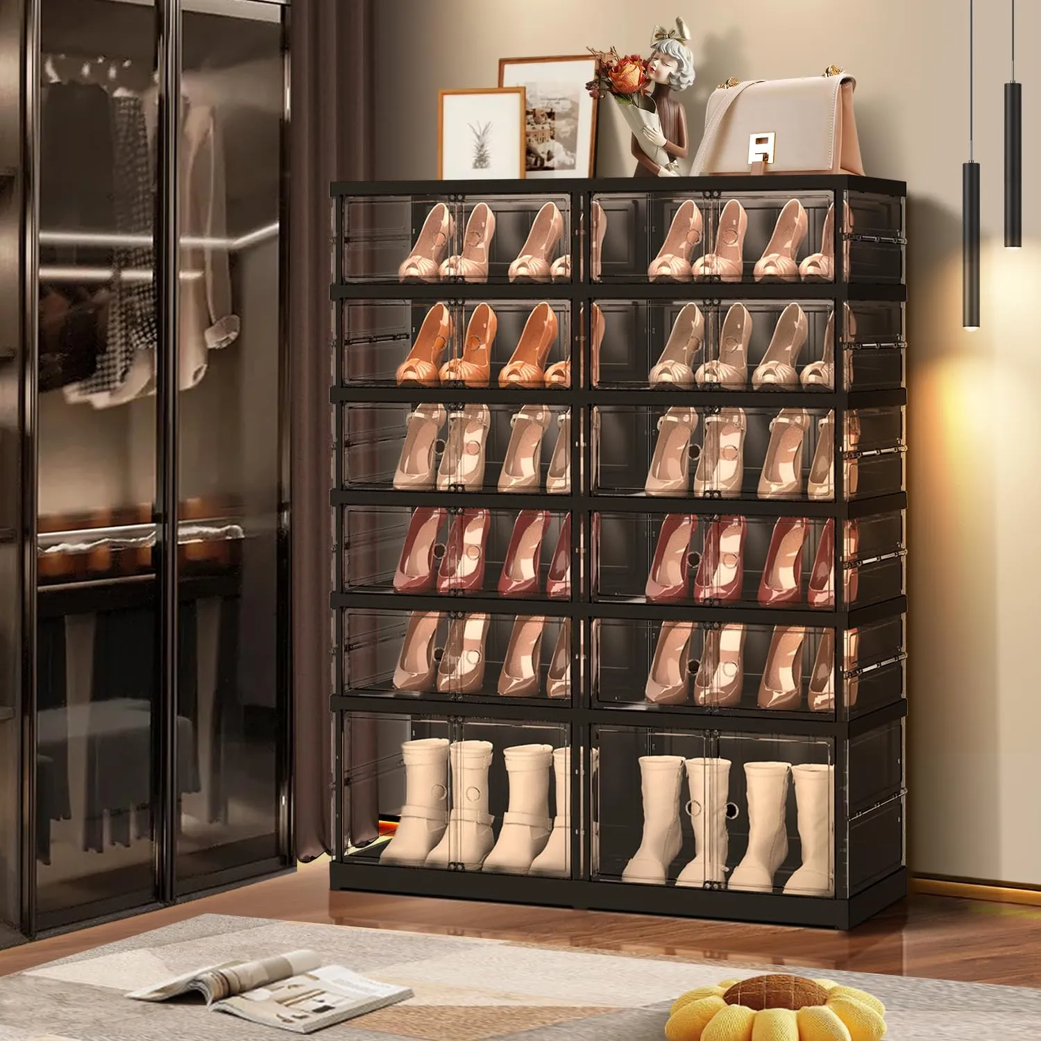6 Tiers 12-24 Pairs Foldable Shoe Rack for Closet Plastic Stackable Shoe Boxes for Garage Collapsible Shoes Shelf with Doors Storage Organizer Cabinet Quick Assembly,White
