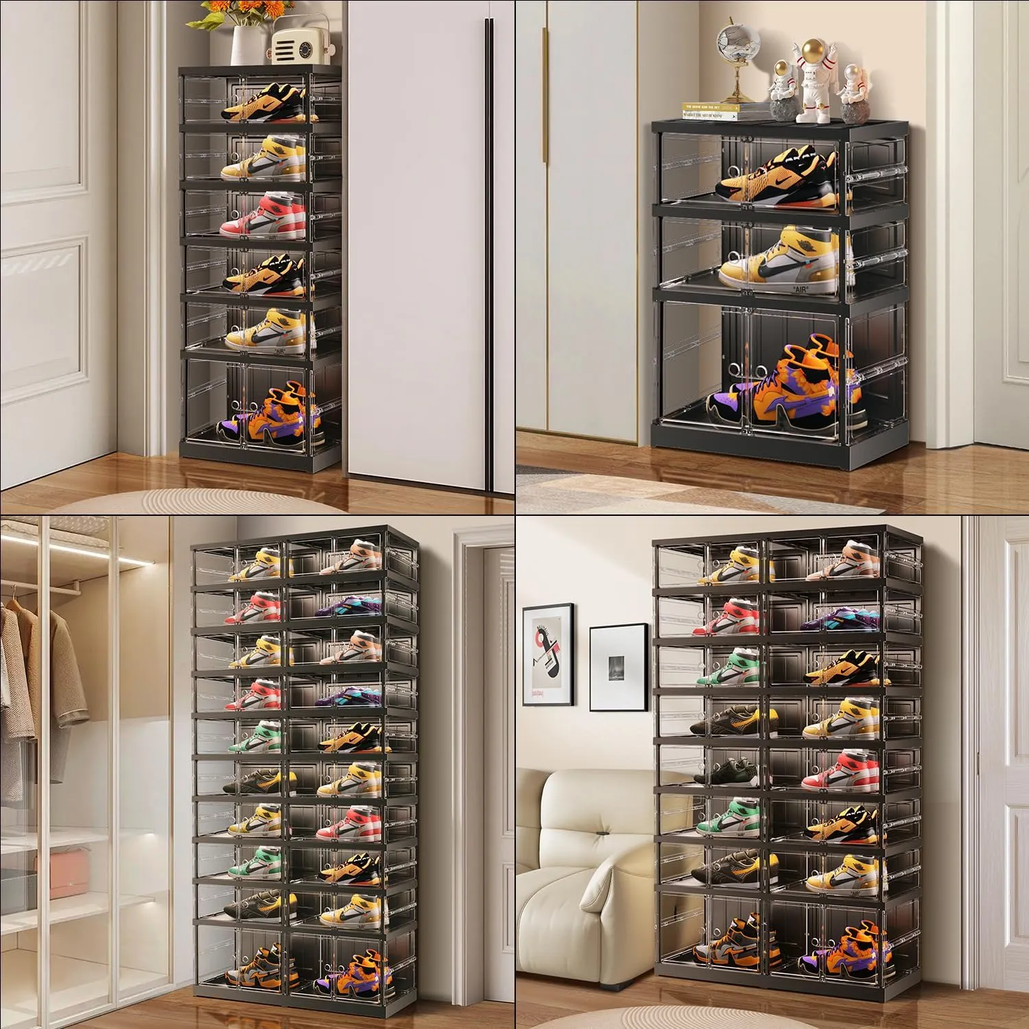6 Tiers 12-24 Pairs Foldable Shoe Rack for Closet Plastic Stackable Shoe Boxes for Garage Collapsible Shoes Shelf with Doors Storage Organizer Cabinet Quick Assembly,White