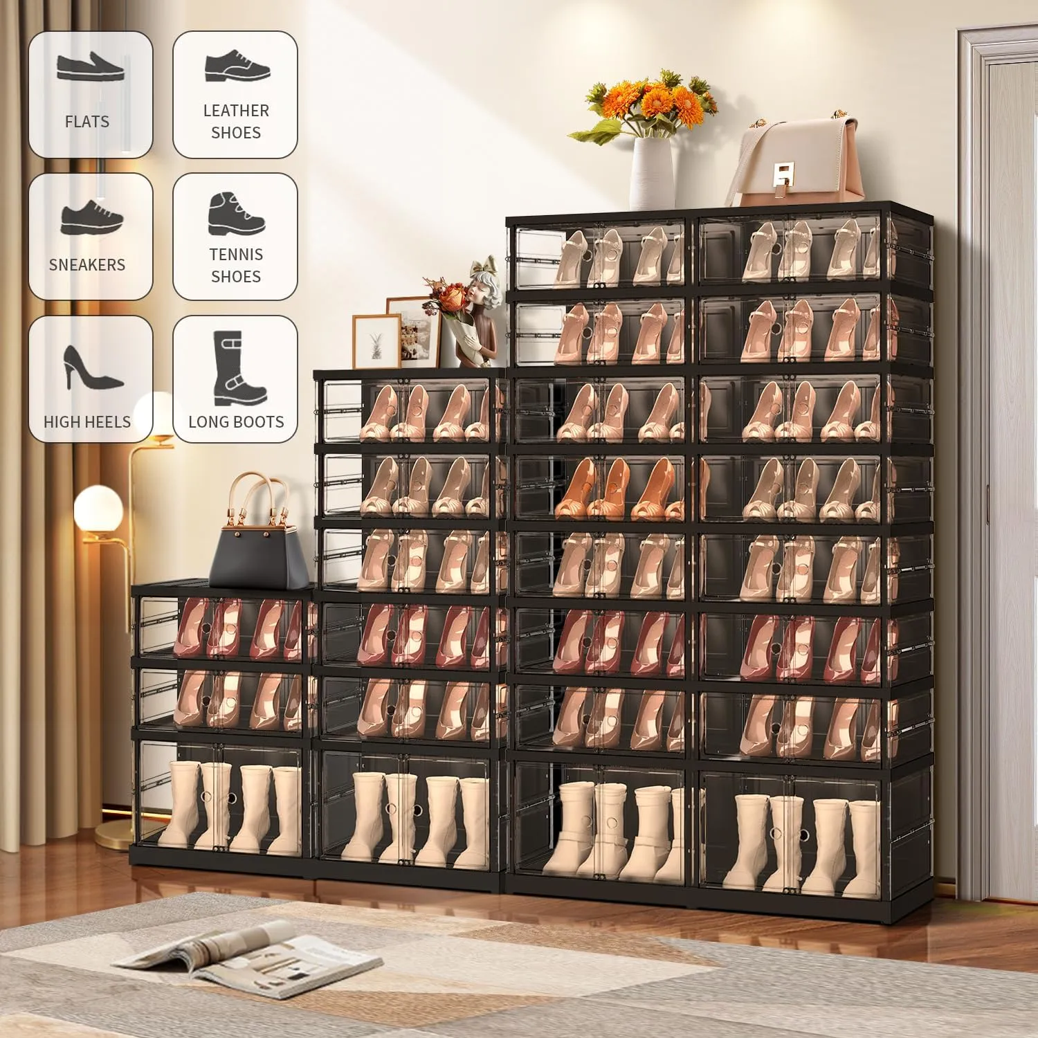 6 Tiers 12-24 Pairs Foldable Shoe Rack for Closet Plastic Stackable Shoe Boxes for Garage Collapsible Shoes Shelf with Doors Storage Organizer Cabinet Quick Assembly,White