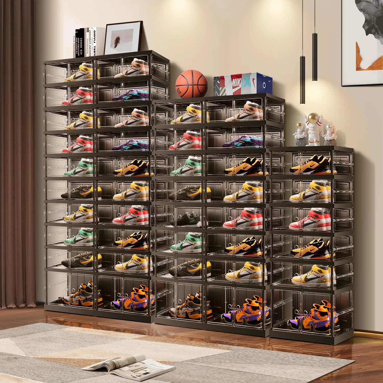 6 Tiers 12-24 Pairs Foldable Shoe Rack for Closet Plastic Stackable Shoe Boxes for Garage Collapsible Shoes Shelf with Doors Storage Organizer Cabinet Quick Assembly,White