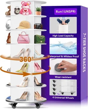 7 Tier Rotating Shoe Rack with 4 Universal Wheels, 360° Revolving Free Standing Shoe Organizer, Multifunctional Storage Revolving Shoe Rack Tower, Spinning Shoe Racks Display Lazy Susan Equipped