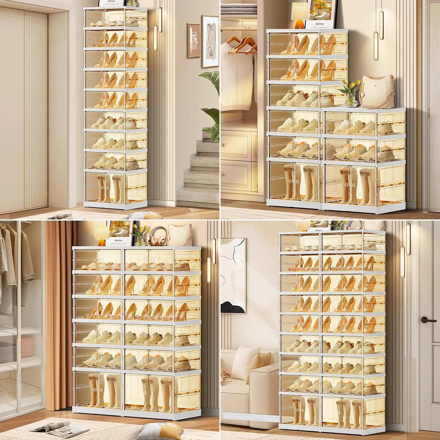 9 Tier Foldable Shoe Rack for Closet Entryway 18-36 Pairs Stackable Clear Shoe Storage Boxes with Lids Large Shoes Shelf with Door Tall Plastic Organizer Cabinet Easy Assembly
