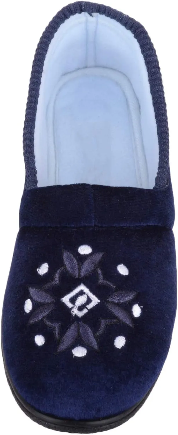 ABSOLUTE FOOTWEAR Womens Slip On Velour Style Slippers with Embroidery Motif