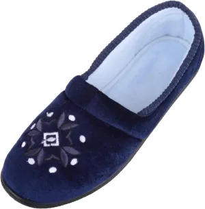 ABSOLUTE FOOTWEAR Womens Slip On Velour Style Slippers with Embroidery Motif